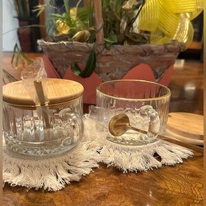 Vintage Glass Mugs Set with Bamboo Lids and coasters
